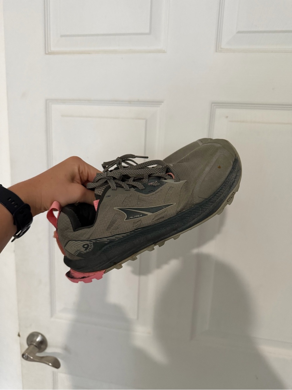 Altra Olive Green Trail Running Shoe with Pink Accent